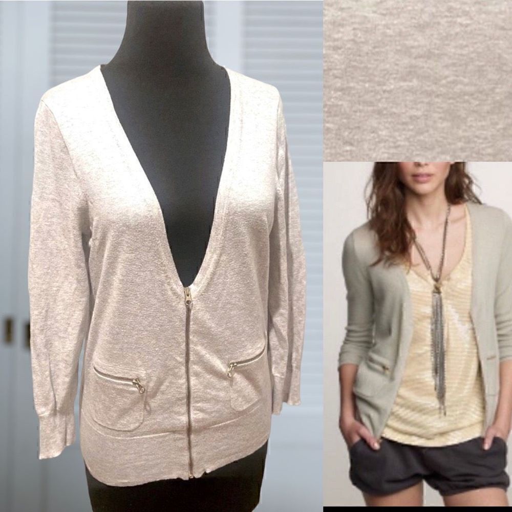 J Crew Pima Cotton Gold Zipper Pocket Cardigan Sweater Teal Blue SZ M.